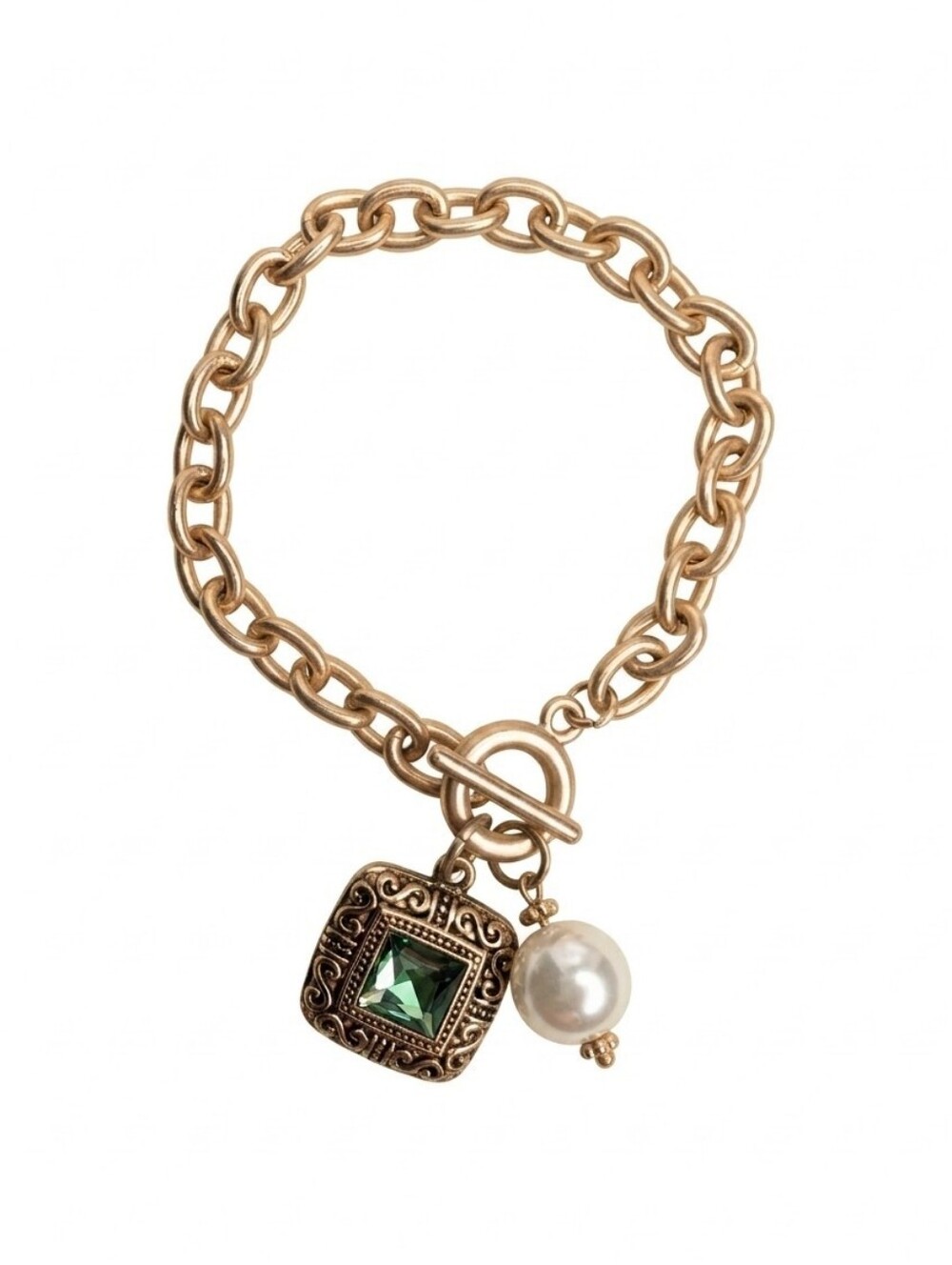Gold Tone Toggle Link Bracelet Green Square Stone Faux Pearl Charm